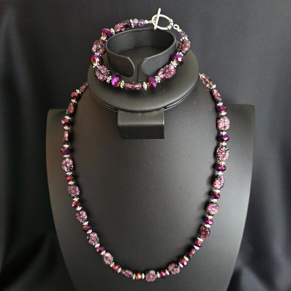 Hand Crafted Jewelry - Hand Crafted Carved Amethyst Fluorite Necklace and Bracelet Ensemble